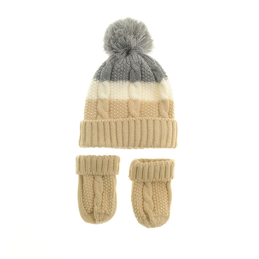 Beige, Cream & Grey Cable Knit Bobble Hat and Mitten