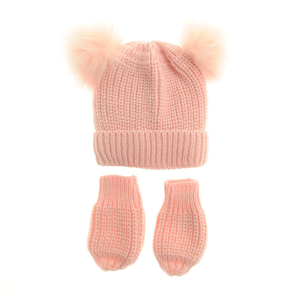 Pink Double Bobble Hat and Mittens - 12-24 months